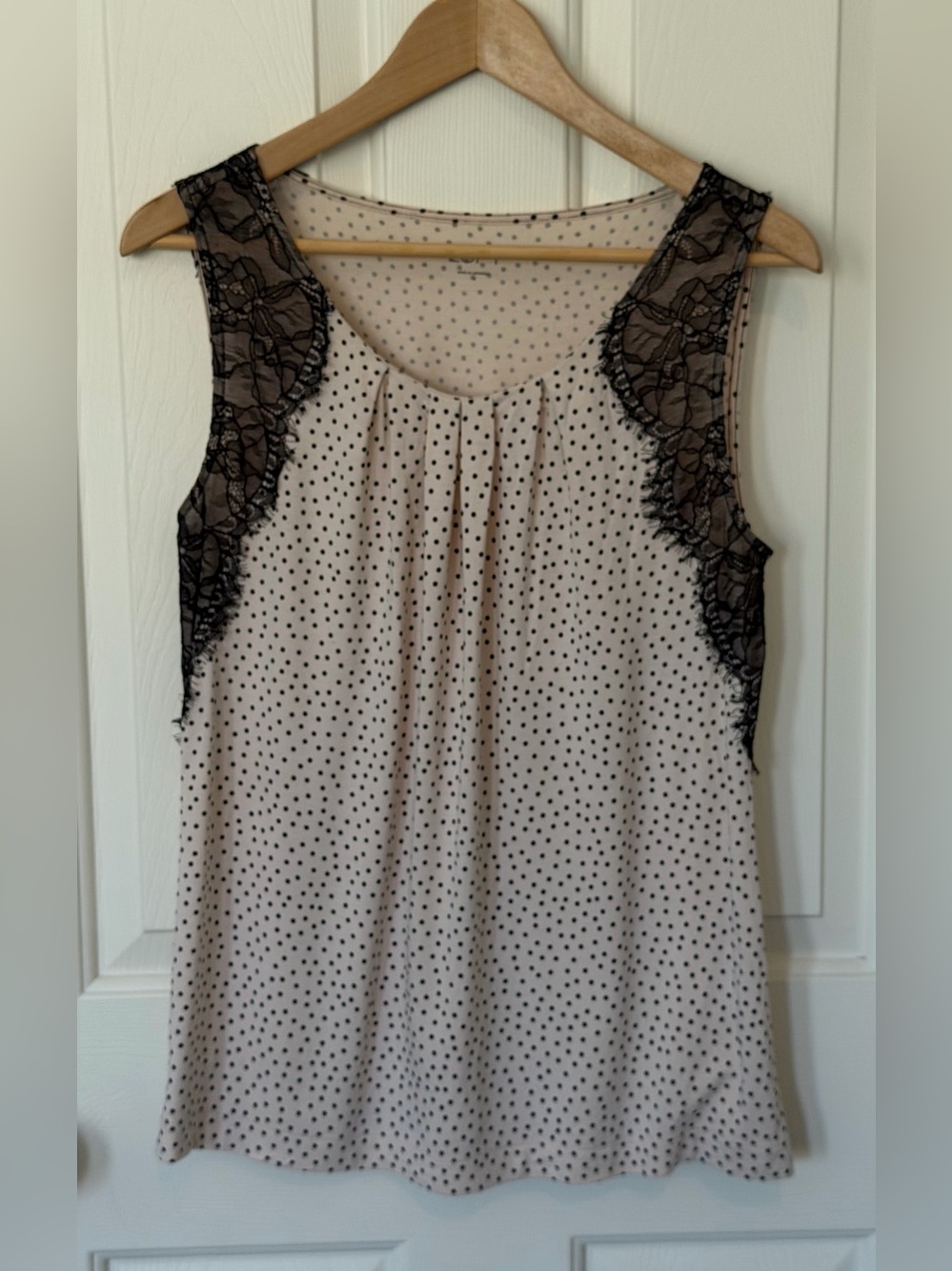 LOFT Cream Polka Dot Sleeveless Top with Black Lace Trim
